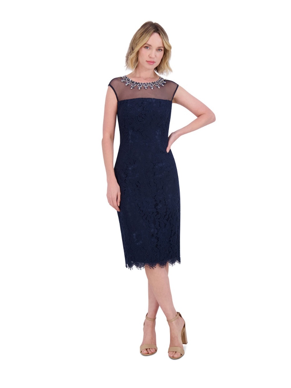 NWT Eliza J Women's Embellished-Jewel-Neck Sheath Dress Illusion Neckline